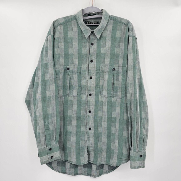 Vintage Levi's Sutter Creek Flannel Shirt Large Long Sleeve Gingham Green Flawed - Picture 2 of 10